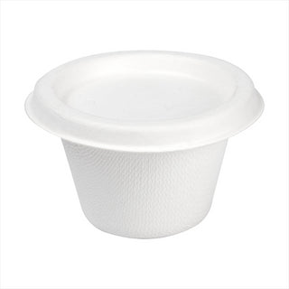 Mini pots + couvercles compostable et biodegradable 120 ml ø7,4x5,1+0,7 cm blanc canne à sucre - vendu par 800 (PU 0,17€)
