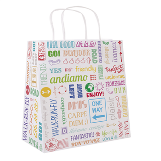 Sac papier kraft avec anses 'parole' 26+14x32cm blanc cellulose - vendu par 250 (PU 0,199€)