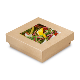 Boite salade carre carton kraft avec couvercle fenêtre 19x19+5cm - vendu par 320 / BSK19