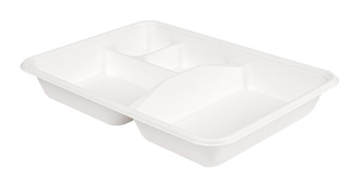 Plateaux 4 compart. compostable et biodegradable 23x17x3,5 cm blanc canne à sucre - vendu par 400 (PU 0,48€)