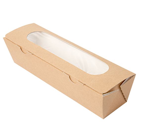 BOÎTES SANDWICH AVEC FENÊTRE - BAGUETTE 'THEPACK' 220 G/M2 + OPP 27,5x8x6,2 CM NATUREL CARTON ONDULÉ NANO-MICRO x200