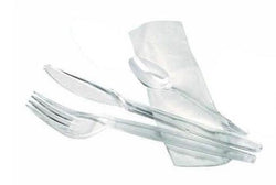 Kit couverts 4/1 cuiller+couteau+fourchette+serviette 18 cm cristal réutilisable x250 pièces