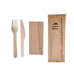 Kit couvert en bois _ 3 en 1 fourchette, couteau + serviette - carton de 500