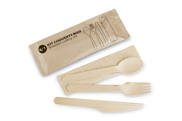 KIT couvert en bois 4 en 1 _ FOURCHETTE, COUTEAU, CUILLIERE + SERVIETTE - vendu par 500
