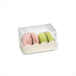 BOÎTES MACARONS + BASES BRISTOL 8x5x5 CM TRANSPARENT PVC - vendu par 200 unités (Prix unitaire = 0,46 euros)