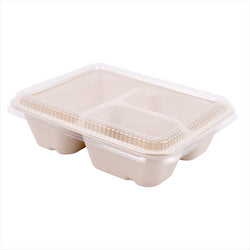 Plateaux 3 compart + couvercle  pet compostable et biodegradable 950 ml 22x18x5,5+1,3 cm blanc canne à sucre - vendu par 300 (pu 0,75€)