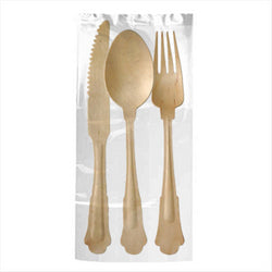Set fourchette, couteau, cuillère+serviette 'classic' 20 cm naturel bois - carton de 100 unités