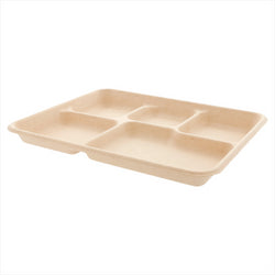Plateaux 5 compart. compostable et biodegradable 26,5x21,5x2 cm naturel canne à sucre - vendu par 500 (PU 0,26€)