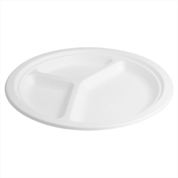 Assiettes 3 compart. compostable et biodegradable ø 26x2,6 cm blanc canne à sucre - vendu par 800 (PU 0,19€)