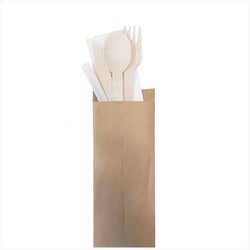 Set couverts, serviette, cure-dents sous sachets kraft 'makan' 16 cm naturel bois - carton de 200 unités