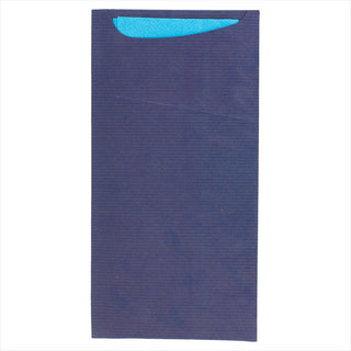 Pochette couverts + serviette 'just in time' 80 + 10pe g/m² 11,2x22,5 cm bleu kraft vergé - vendu par 400 (PU 0,13€)