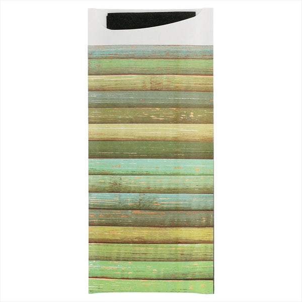 Pochette couverts + serviette 'just in time - wood' 90 + 10pe g/m² 8,5x19,5 cm noir airlaid style tissu - vendu par 250 (PU 0,18€)