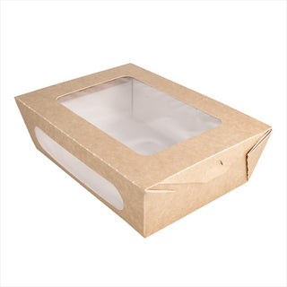 Boîtes avec fenêtre pour salade 1200 ml 391 g/m² +  PE 20,4x14,2x6 cm marron carton - vendu par 200 (PU 0,37€)