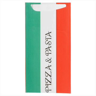 Pochette couverts + serviette 'just in time - pizza & pasta' 90 + 10pe g/m² 11,2x22,5 cm blanc cellulose - vendu par 400 (PU 0,123€)
