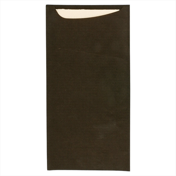 Pochette couverts + serviette 'just in time' 80 + 10pe g/m² 11,2x22,5 cm noir kraft vergé - vendu par 400 (PU 0,13€)