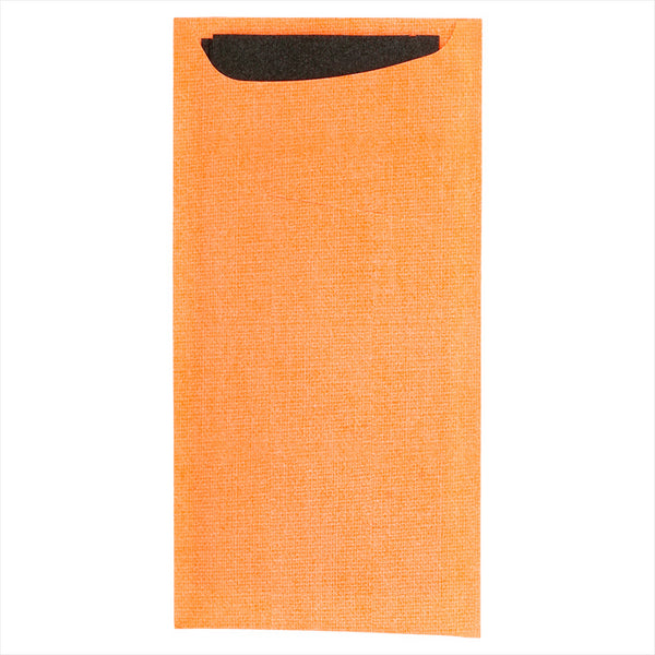 Pochette couverts + serviette airlaid style tissu noir 33x40 cm 'just in time' 90 + 10pe g/m² 11,2x22,5 cm orange cellulose - vendu par 250 (PU 0,238€)
