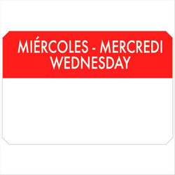 500 U. ÉTIQUETTES ADHESIVES "MERCREDI" 7,5x5 CM ROUGE ADHESIF - vendu par 1 unités (Prix unitaire = 7 euros)