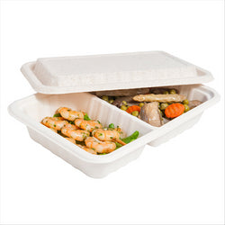 Barquette 2 compart + couvercle compostable et biodegradable 800 ml 23,3x14,6x6 cm blanc canne à sucre - vendu par 500 (pu 0,45€)