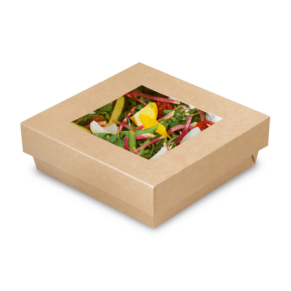 Boîte salade carton brun avec couvercle fenêtre 14x14cm - vendu par 500 / BSK14