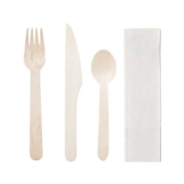 Kit couvert bois 4 en 1: couteau, fourchette, cuillère à dessert et  serviette blanche