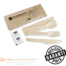Kit couvert en bois 6 en 1 _ fourchette, couteau, cuillere, serviette, sel, poivre - carton de 500
